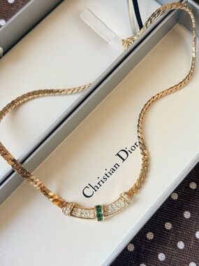 Vintage Christian Dior Square Green Rhinestone Crescent Hoop Gold Chain Necklace